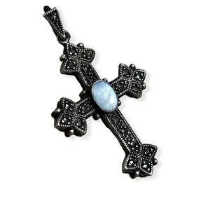 Sterling Silver .925 Signed Marcasite Mother of Pearl Crucifix Vintage Pendant